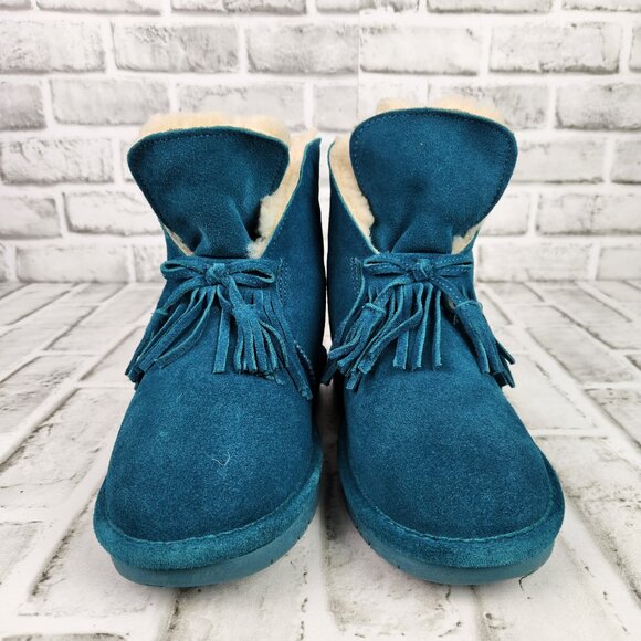 Bearpaw Christie Women's Sz 7 Teal Blue Suede Wool Sheepskin Footbed Ankle Boots - Picture 2 of 12